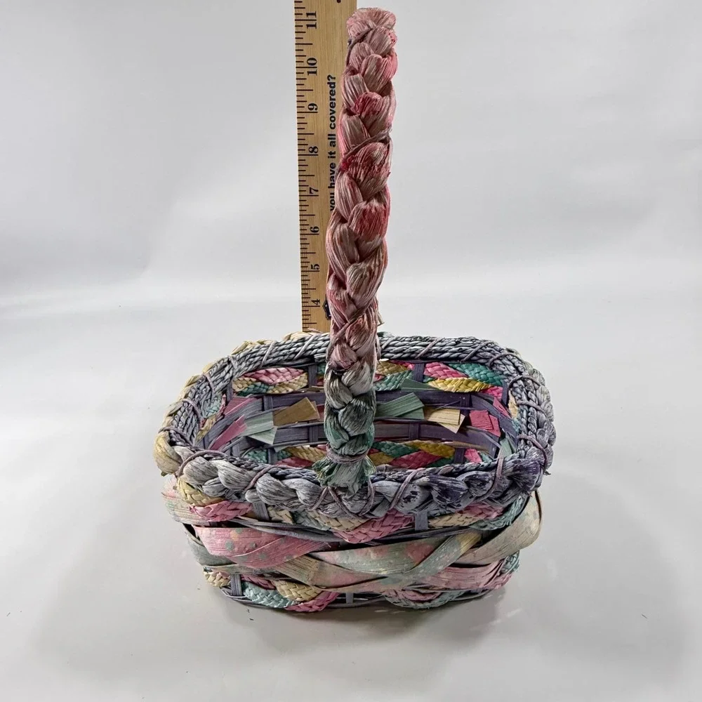 VTG Woven Basket w/ Handle 80's Pastel Multicolor Easter Cottagecore 11
